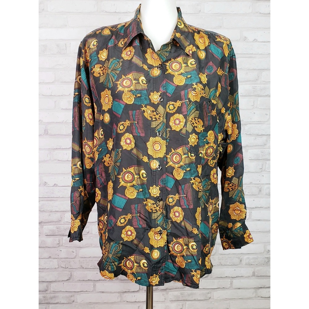 Vintage 80s navy blue silk blouse baroque medals ribbons print sz‎ M by Whistles - Picture 6 of 7